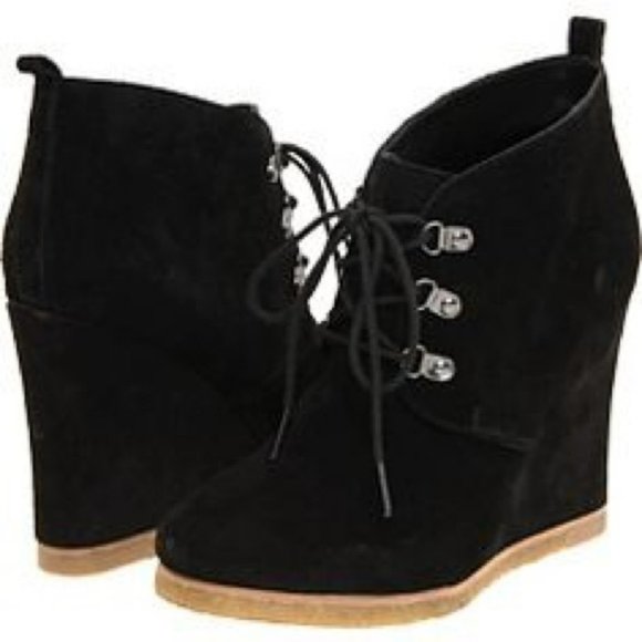 Steve Madden Tanngoo Black Leather Suede Wedge Ankle Boots - Picture 1 of 7